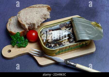 Sardines en étain ouvert avec fourche, Sardines d'huile, Allemagne Banque D'Images