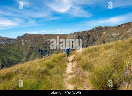 Randonneurs sur sentier, Grandview Mountain Track, lac Hawea, Alpes du Sud, Otago, Île du Sud, Nouvelle-Zélande Banque D'Images