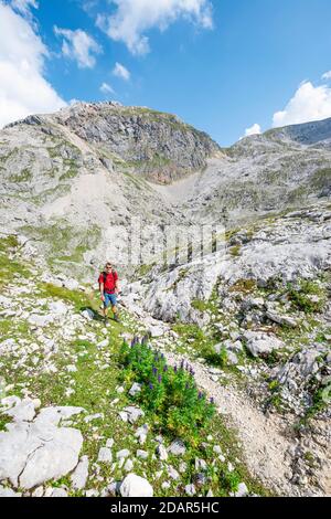 Randonneurs dans un paysage de roches karstiques délavées, Funtenseetauern, Steinernes Meer, parc national de Berchtesgaden, Berchtesgadener Land, haute-Bavière Banque D'Images