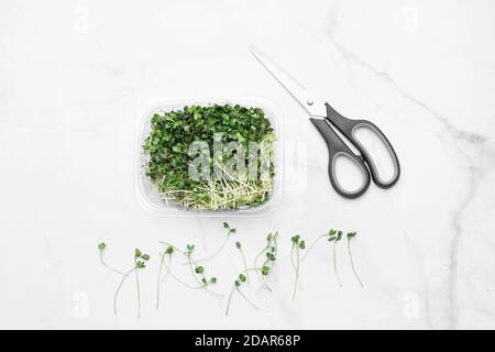 Bol Microgreens sur fond de marbre blanc. Concept super-alimentaire Banque D'Images