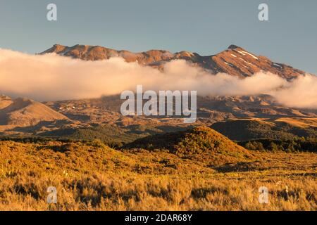 Mont Ruapehu au coucher du soleil, Océanie, Parc national de Tongariro, Patrimoine mondial de l'UNESCO, Ruapehu, Île du Nord, Nouvelle-Zélande Banque D'Images