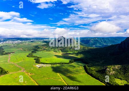 Vue aérienne, vue sur la montagne du Mont du Rempart avec trois Mamelles, champs de canne à sucre, région de la rivière Noire, à l'arrière des villages Vacoas-Phoenix Banque D'Images