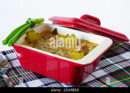 Ragoût de viande avec des cornichons. Dans un récipient en céramique rouge. Repose sur les serviettes de cuisine. Près de la cuillère et couvre la casserole. Banque D'Images