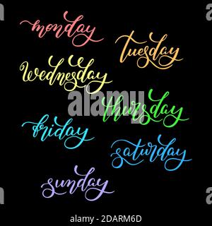 Les jours de la semaine - lundi, mardi, mercredi, jeudi, vendredi, samedi, dimanche. Mots écrits à la main pour le calendrier, l'organisateur de plan hebdomadaire Illustration de Vecteur