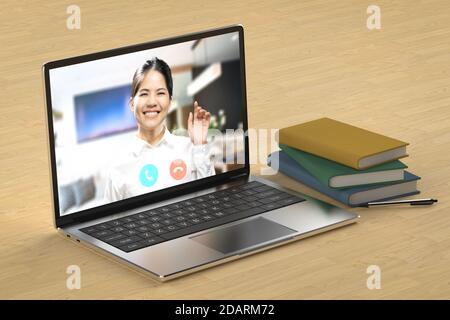 Conférence en ligne ou appel vidéo avec une femme asiatique sur un ordinateur ordinateur portable Banque D'Images