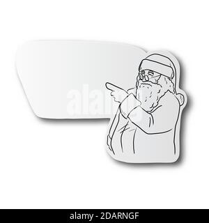 black line hand drawn of Santa claus pointing blank empty space on cut paper with shadow isolated on white background Stock Vector