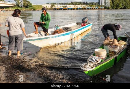 Achat et vente de poisson à côté du pont Yayasan Sabah Baie de Likas Kota Kinabalu Sabah Bornéo Malaisie Banque D'Images