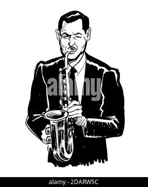 Homme jouant au saxophone. Dessin noir et blanc Photo Stock