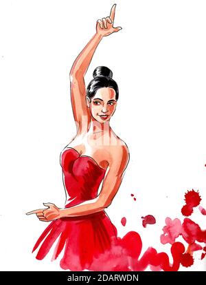 Magnifique danseur Flamenco en robe rouge. Dessin à l'encre et à l'aquarelle Banque D'Images