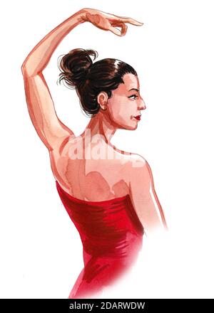 Magnifique danseur Flamenco en robe rouge. Dessin à l'encre et aquarelle Banque D'Images