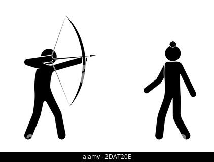 archer vise une pomme debout sur la tête d'une personne. Tireur d'athlète, cascadeur dangereux, amusement. Vecteur isolé sur fond blanc Illustration de Vecteur