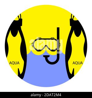 logo rond original, palmes de natation, masque de plongée et tube respiratoire. Freediver de munitions. Vecteur isolé sur fond blanc dans un style plat Illustration de Vecteur