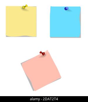 autocollants en papier épinglés par des épingles. Feuille jaune, bleue et rose pour les notes quotidiennes. Rappel. Vecteur isolé sur fond blanc Illustration de Vecteur