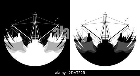 bateau de pêche, chalutier en mer. Météo orageux, vagues, mouettes. Logo en noir et blanc, vectoriel Illustration de Vecteur