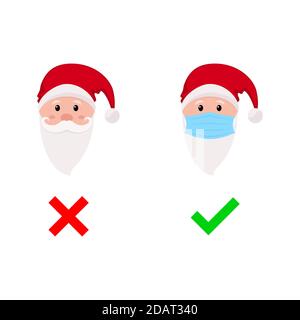 Santa dans un masque et sans masque. Illustration vectorielle. Visage du Père Noël dans un masque médical. Illustration de Vecteur