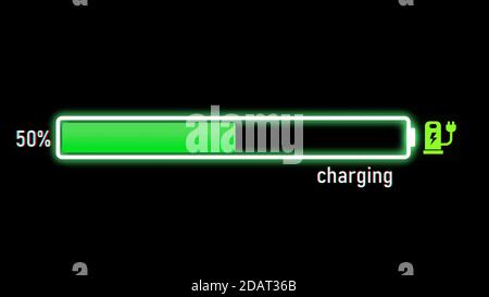 Barre de progression de la charge électrique, indicateur de charge de la batterie du véhicule électrique ou du téléphone indiquant une augmentation de la charge de la batterie. L'indicateur de charge de la batterie indique qu'elle est pleine Banque D'Images