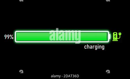 Barre de progression de la charge électrique, indicateur de charge de la batterie du véhicule électrique ou du téléphone indiquant une augmentation de la charge de la batterie. L'indicateur de charge de la batterie indique qu'elle est pleine Banque D'Images
