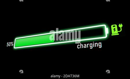 Barre de progression de la charge électrique, indicateur de charge de la batterie du véhicule électrique ou du téléphone indiquant une augmentation de la charge de la batterie. L'indicateur de charge de la batterie indique qu'elle est pleine Banque D'Images