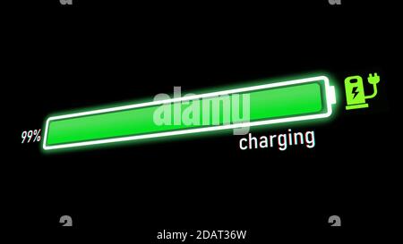 Barre de progression de la charge électrique, indicateur de charge de la batterie du véhicule électrique ou du téléphone indiquant une augmentation de la charge de la batterie. L'indicateur de charge de la batterie indique qu'elle est pleine Banque D'Images