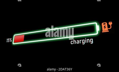 Barre de progression de la charge électrique, indicateur de charge de la batterie du véhicule électrique ou du téléphone indiquant une augmentation de la charge de la batterie. L'indicateur de charge de la batterie indique qu'elle est pleine Banque D'Images