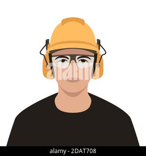 ouvrier dans le casque, illustration vectorielle, style plat, vue de face Banque D'Images