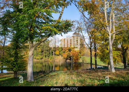 Domaine de Cornwell Manor en automne. Cornwell, Chipping Norton, Oxfordshire, Cotswolds, Angleterre. Vue de la route. Banque D'Images