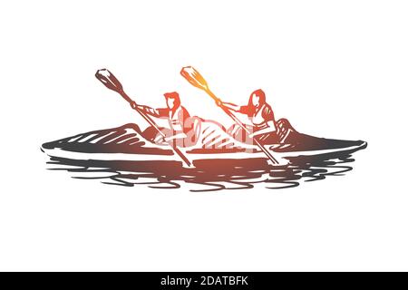Kayak, sport, eau, paddle, canoë concept. Vecteur isolé tracé à la main. Illustration de Vecteur