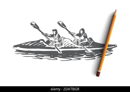 Kayak, sport, eau, paddle, canoë concept. Vecteur isolé tracé à la main. Illustration de Vecteur