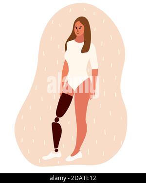 Jeune femme aux jambes artificielles se tient souriant. Illustration vectorielle représentant une femme handicapée au niveau d'une prothèse de jambe. Concept d'inclusion Illustration de Vecteur