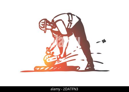 Découpe, carrelage, travailleur, réparation, concept de construction. Vecteur isolé tracé à la main. Illustration de Vecteur