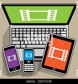 Diffusion multimédia sur les périphériques mobiles : Smart Phone, Feature Phone, Tablet PC et ordinateur portable Illustration de Vecteur