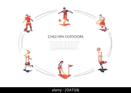 Enfants en plein air - ensemble de concept vectoriel pour les enfants qui jouent au football, au football, au golf, au badminton et au patinage à roulettes Illustration de Vecteur