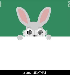 Curieux mignon lapin de Pâques avec de grands yeux, dessin animé à vecteur plat avec bannière vierge pour poster de texte Illustration de Vecteur