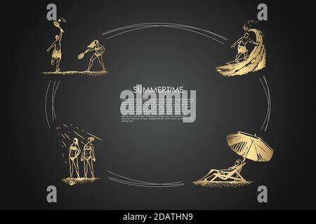 Promenez-vous dans le parc - personnes jouant au badminton, équitation, surf, bains de soleil et détente vecteur concept set Illustration de Vecteur