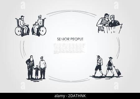 Personnes âgées - personnes âgées assises en fauteuil roulant, lisant des journaux, voyageant et marchant avec des petits-enfants ensemble de concept vectoriel Illustration de Vecteur