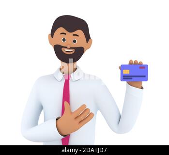 L'homme d'affaires détient une carte de crédit. Concept de réussite financière. Obtenez un remboursement. illustration de rendu 3d. Banque D'Images
