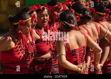 Danse traditionnelle naga interprétée par des femmes dans le patrimoine de Kisama Village de Nagaland Inde pendant le festival du charme du 4 décembre 2016 Banque D'Images