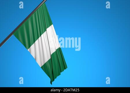 Illustration 3D du drapeau national du Nigeria sur un mât métallique qui flotte contre le symbole bleu ciel.pays. Banque D'Images