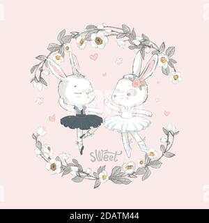 Illustration de deux lapins de danse de ballerine gris et blanc. Petits lapins filles dansant. Couronne avec de belles fleurs en arrière-plan. Illustration de Vecteur