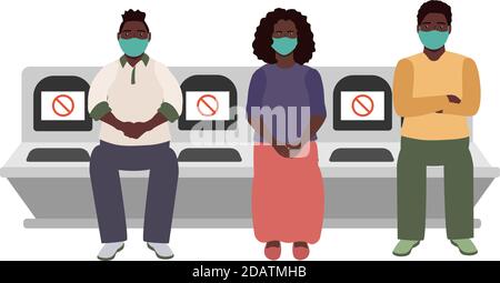 personnes dans les masques médicaux assis dans le métro à une distance sûre, le concept de distance sociale. illustration vectorielle plate Illustration de Vecteur
