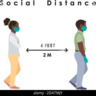 distance sociale. Personne noire malade pleine longueur dans des masques médicaux et des gants debout à une distance de sécurité de 2 mètres ou 6 pieds. illustration à vecteur plat Illustration de Vecteur