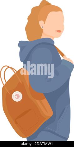 femme moderne et élégante vêtue de vêtements tendance avec un sac à dos. Personnage de dessin animé féminin. Illustration vectorielle de couleur plate Illustration de Vecteur