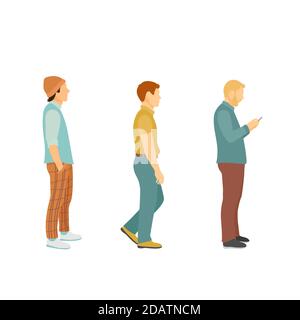 Trois hommes en vêtements modernes en pleine croissance se tiennent en ligne les uns après les autres, dessin animé vecteur illustration Illustration de Vecteur