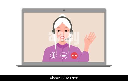 Centre d'appels. Une femme souriante dans un casque avec microphone parle par liaison vidéo. Réunion virtuelle avec des collègues. Réunion en ligne à distance. Quarantaine Illustration de Vecteur