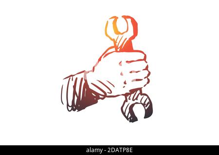 Mécanique, clé, réparation, outil, concept de handyman. Vecteur isolé tracé à la main. Illustration de Vecteur