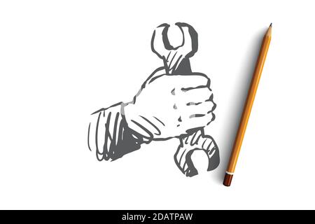 Mécanique, clé, réparation, outil, concept de handyman. Vecteur isolé tracé à la main. Illustration de Vecteur