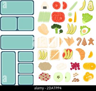 Boîte à lunch et une gamme de différents produits plats à base de fruits et de légumes. Illustration vectorielle plate Illustration de Vecteur