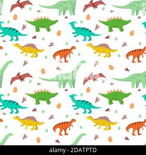 motif de dinosaures de dessins animés, diplodocus, stegosaure, pteranodon Illustration de Vecteur