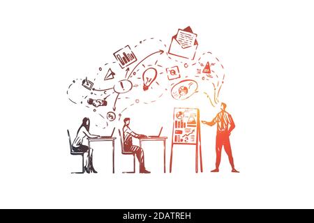 Formation, cours, personnes, classe, concept d'apprentissage. Vecteur isolé tracé à la main. Illustration de Vecteur