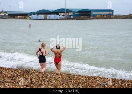 Shoreham, West Sussex, UK Dimanche 15 novembre 2020UK Météo: Les baigneurs en eau libre brave la mer dans le calme relatif de Shoreham Harbour, les conditions sont trop sauvages sur les plages exposées. Photo ©Julia Claxton crédit: Julia Claxton/Alay Live News Banque D'Images